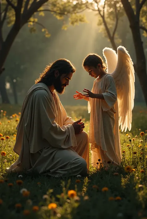  A moving scene in the Garden of Gethsemane , where Jesus, ,  he is kneeling in prayer .  on its side, an angel appears ,  placing a comforting hand on your shoulder ,  transmitting strength and comfort .  The image should capture the contrast between Jesu...