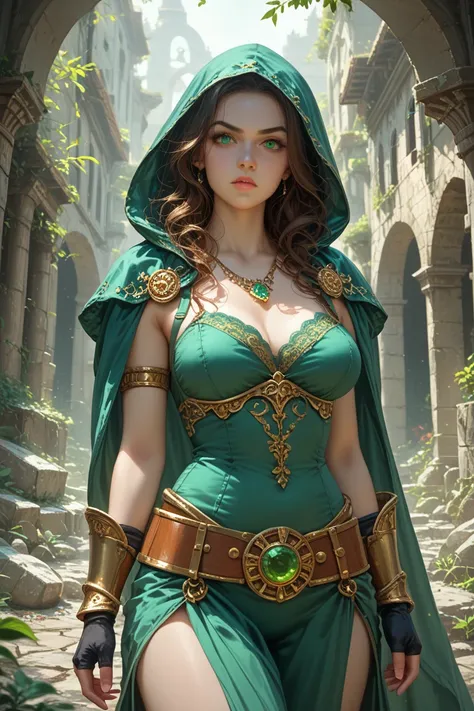 This is a highly detailed, digital artwork in a fantasy genre, featuring a young, fair-skinned woman with long, wavy brown hair and dark, expressive eyes. She is dressed in an ornate, green outfit that includes a hooded cape, a revealing, green, strapless ...