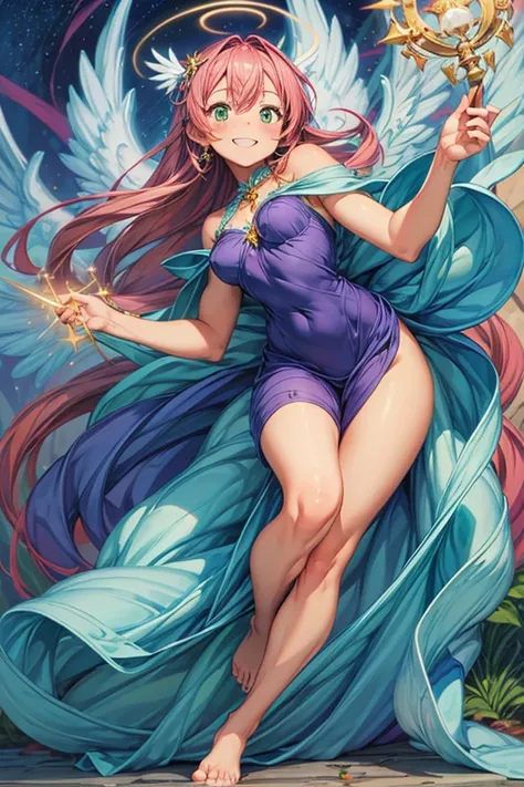 (masterpiece, best quality) cute anime angel girl, red long hair, delicate angel wings, barefoot, sexy smiling, sexy pose, coquette, beautiful long legs, mature girl, gorgeous body, pronounced breasts, standing, intricate details and sunlight ethereal indo...