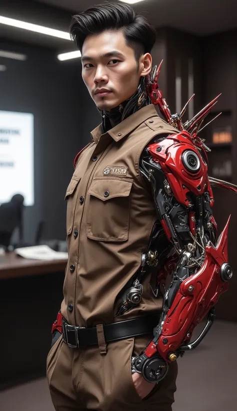 Indonesian Handsome man, wear soft brown intergalactic government employees slim fit uniform (uniform with red mechanical cyber gear in arm) soft brown pants, transplant Futuristic Ear and Neck parts, clean oval face, proportional body, gentlemen, in inter...