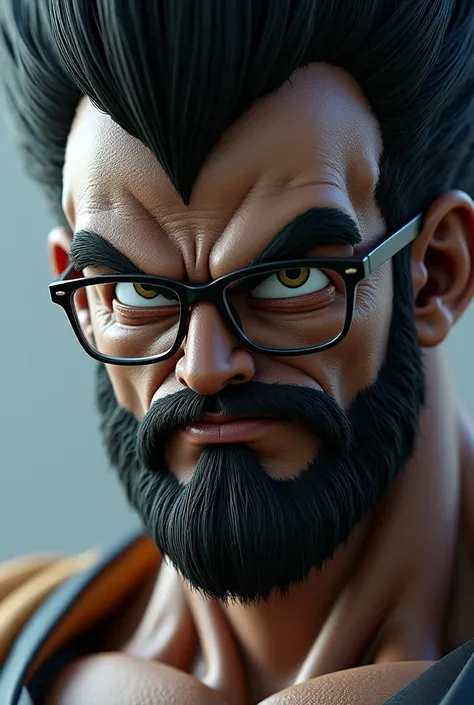 generate a hyperrealistic image of what Prince Sayayin Vegeta would look like, a mature man with a beard and semi-dark photochromic square glasses in shades of gray from the cartoon Dragon Ball