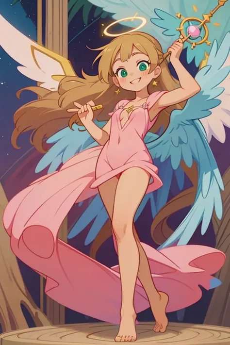 (masterpiece, best quality) cute anime angel girl, blonde long hair, delicate angel wings, barefoot, sexy smiling, sexy pose, coquette, beautiful long legs, mature girl, gorgeous body, pronounced breasts, standing, intricate details and sunlight ethereal i...