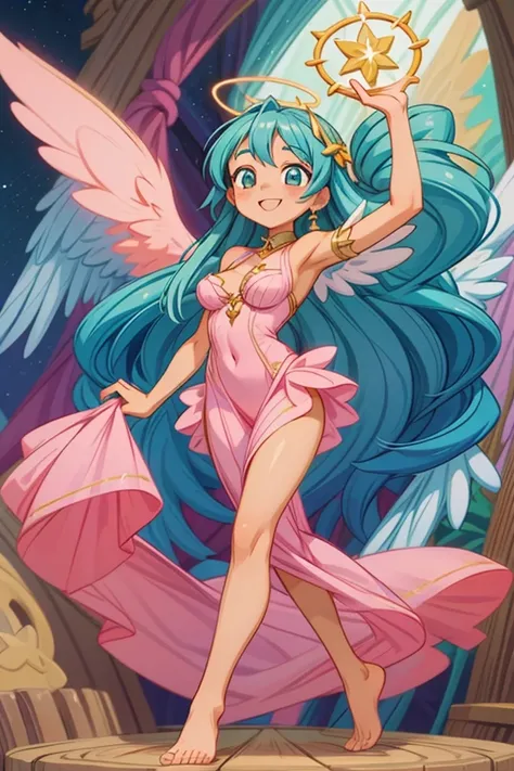 (masterpiece, best quality) cute anime angel girl, blue long hair, delicate angel wings, barefoot, sexy smiling, sexy pose, coquette, beautiful long legs, mature girl, gorgeous body, pronounced breasts, big breast, standing, intricate details and sunlight ...