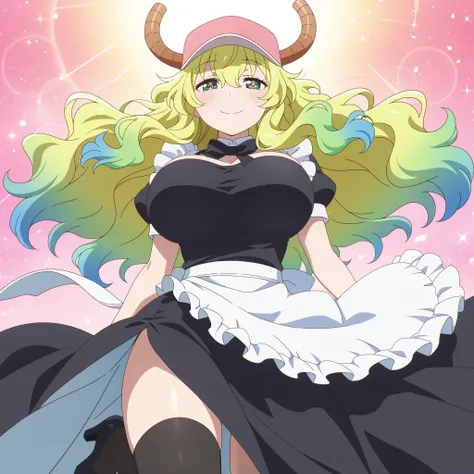 masterpiece, best quality, amazing quality, anime screencap. BREAK. quetzalcoatl_(kobayashi-san_chi_no_maid_dragon), lucoa, 1girl, blonde_hair, blue_hair, gradient_hair, green_hair, hair_between_eyes, multicolored_hair, horns, horns_through_headwear, huge_...