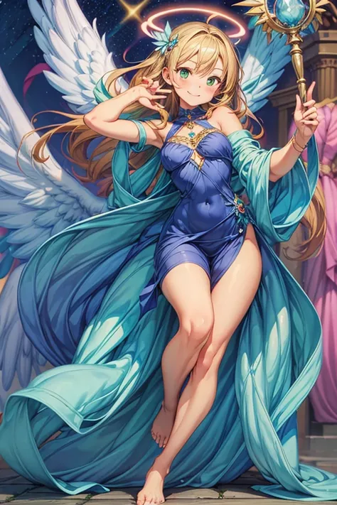 (masterpiece, best quality) cute anime angel girl, blonde long hair, delicate angel wings, barefoot, sexy smiling, sexy pose, coquette, beautiful long legs, mature girl, gorgeous body, pronounced breasts, standing, intricate details and sunlight ethereal i...