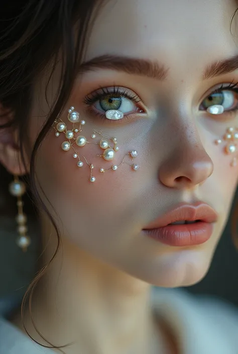 Pearls as eyes with light eye makeup (close up of the eyes)