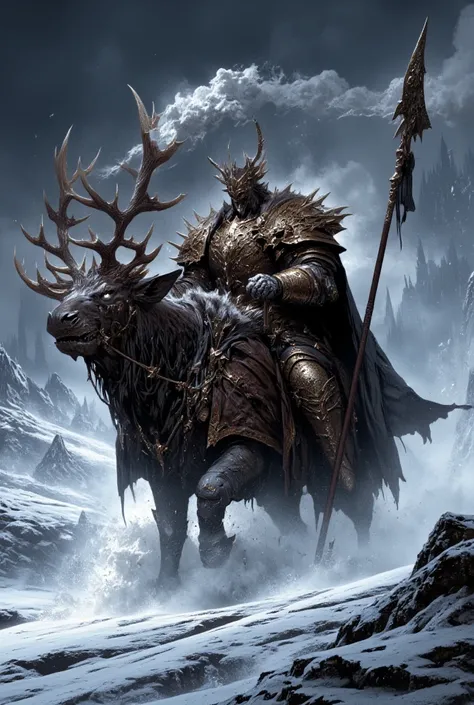 "Through waist-high snowdrifts and across endless frozen plains, the Black Elk Knight marches toward destiny. Draped in dark iron armor lined with the pelt of a long-forgotten beast, he rides atop a giant elk bound in thick metal plating, its towering antl...