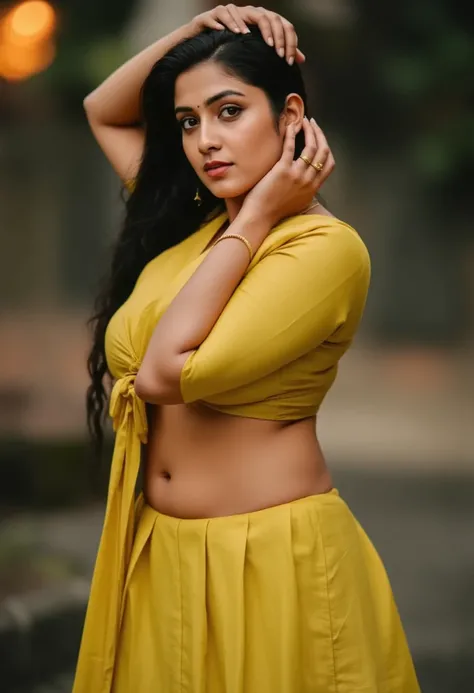 Dark skinned dusky petite built Tamil mature aunty in yellow traditional short saree and yellow hot blouse flaunting her curves