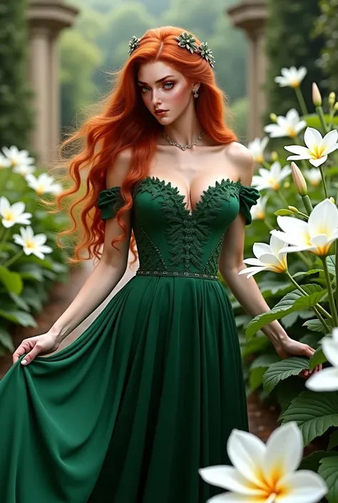 A beautiful lady smelling beautiful white flowers in a beautiful garden, long readhead hair, green dress ,A beautiful Royal lady Singing "London bridge is broken down my fair lady" ,Bold , seductive and majestic look, Execusite pose and facial features, be...