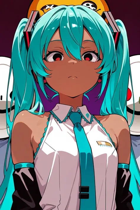  Masterpiece,  Hatsune Miku,  white shirt,  A Young Man Wearing a Blue Tie ,  shoulder out,  SEPARATED SLEEVES ,   Immersed in an Evil Smiley Face, Dark Skin,  red eyes, black eyes, Orange pupil,