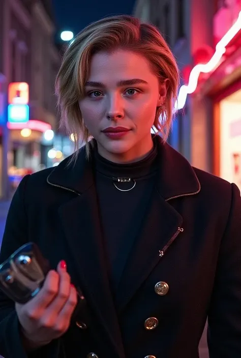 chloé short hair wears a black coat walks in the street at night on Valentine's Day flirt