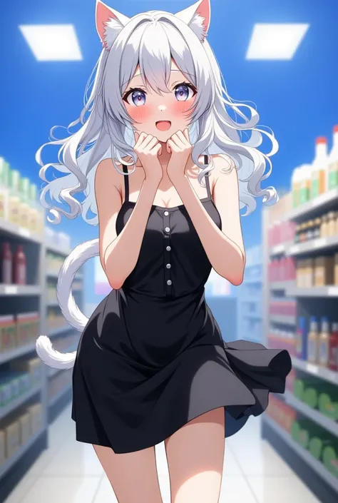 Girl with silver hair and cat ears, The girl with the white cat's tail, black mini skirt dress, supermarket shelf, I'm surprised and overjoyed, (((bust shot))), Put your hands on your mouth, lean forward, and rejoice,  Ceiling Fluorescent Light,  Shiro, ((...