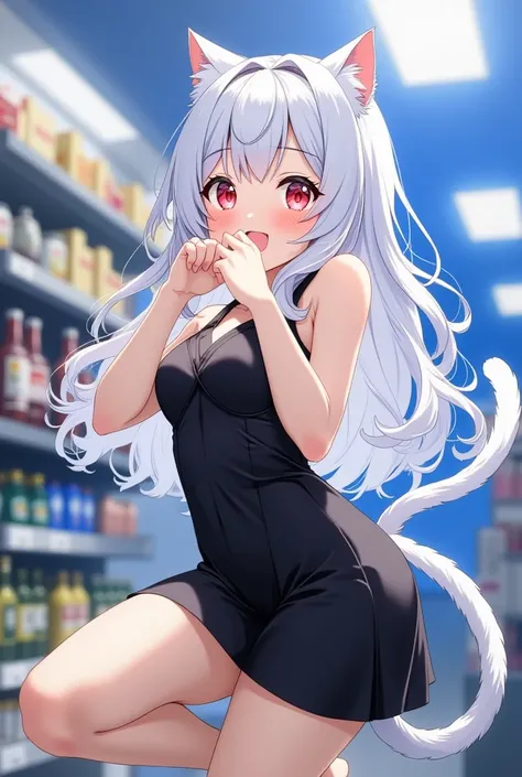 Girl with silver hair and cat ears, The girl with the white cat's tail, black mini skirt dress, supermarket shelf, I'm surprised and overjoyed, (((bust shot))), Put your hands on your mouth, lean forward, and rejoice,  Ceiling Fluorescent Light,  Shiro, ((...