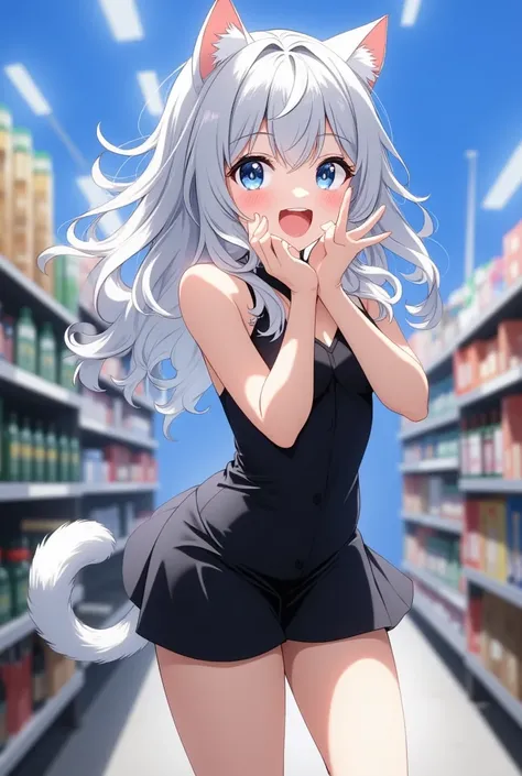 Girl with silver hair and cat ears, The girl with the white cat's tail, black mini skirt dress, supermarket shelf, I'm surprised and overjoyed, (((bust shot))), Put your hands on your mouth, lean forward, and rejoice,  Ceiling Fluorescent Light,  Shiro, ((...