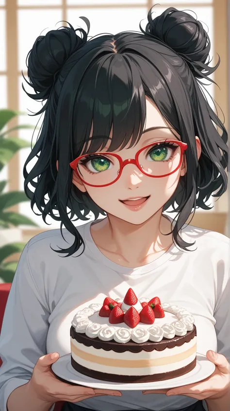 Girl with one bun hairstyle and her hair from top green and rest black green eyes and white shirt holding cake and wearing red glasses شعر أخضر, كعكة الشعر, cute face no bangs on hair جودة عالية, تفاصيل عالية, جودة, ابتسم,  hair without bangs simple cute l...