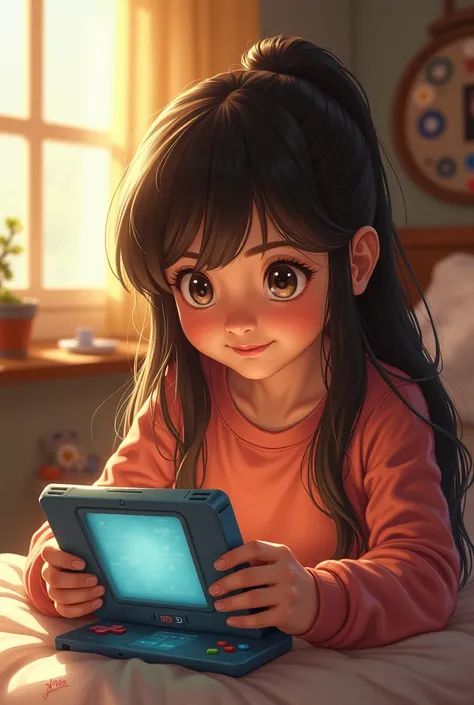 Create a drawing of a girl playing on a Nintendo DS please 
