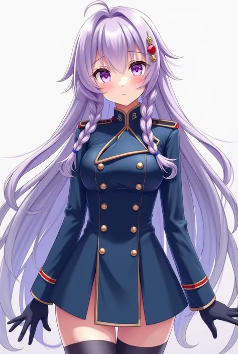 The anime model wears long hair with 2 light purple braids, of medium height with a small waist and with a blue military uniform with gray and reddish details 