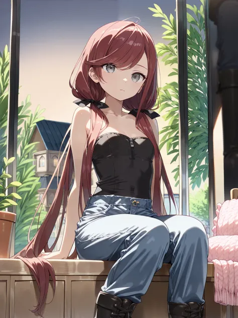 ((Masterpiece, best wuality)), Jk, intricate details, 1girl, solo, sitting on wooden chair, knitting pillow case, needles, ((long hair in low twin tails)), gray eyes, dark red hair,  (((long swept bangs))), thin, close up, small breasts, slightly toned arm...