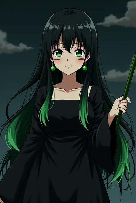  a woman with long black hair with greenish tips,  black eyes with green pupils , a large black dress ,  black marks on the cheeks ,  holding a green sickle ,  with a black sky behind her ,  a bored expression , green earrings, anime version