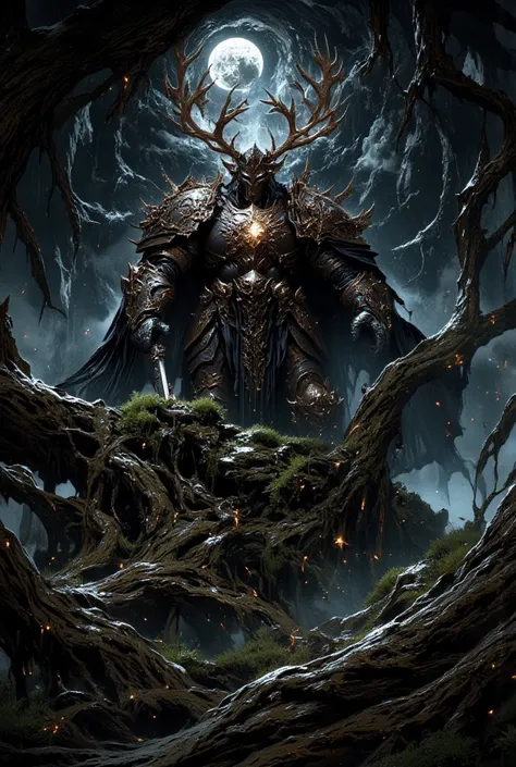 "From below, giant, gnarled tree roots twist and weave like labyrinthine corridors. Rising from beneath them, the towering form of a fully armored knight looms, his darkened metal plates carved with storms of intricate vines and lunar symbols. The enormous...