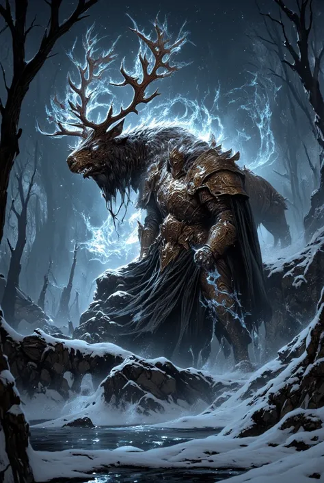 "Snowflakes catch on his fur-lined cloak as the knight’s towering stag strides through a frozen woodland, its luminous antlers reflecting upon a crystalline lake. From behind, only the imposing frame of his ironclad stature is visible—broad shoulders wrapp...