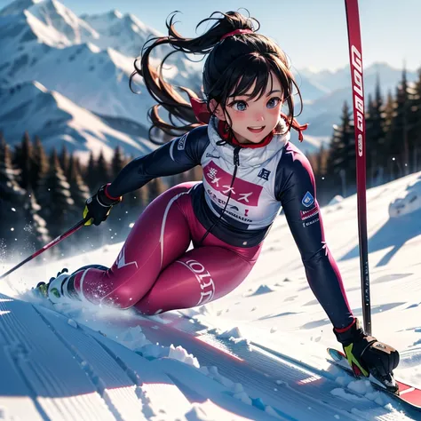 Ski women's alpine athlete、composition, Gliding briskly down the slope of the ski course、cute face, black hair and ponytail, detailed face