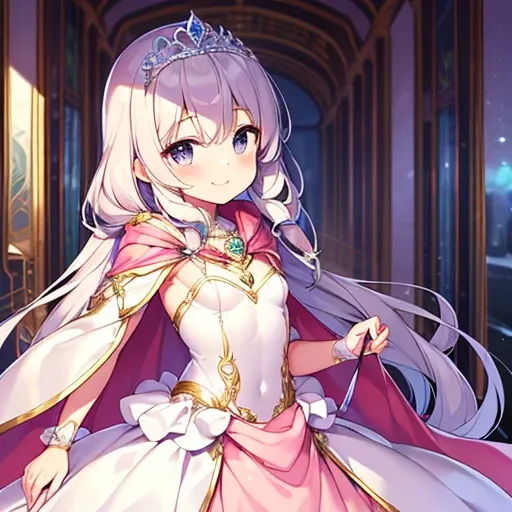 (solo), focus on character, (kawaii), (masterpiece), (best quality), (ultra detailed face), (rococo style gown), (long train pastel pink cape:1.3), (long train white ball gown:1.1), wide flared skirt, gown with flower decorations, (a girl is wearing a long...