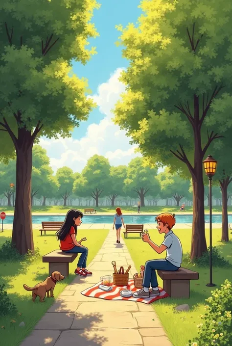 1. Cena 1:

 An image of a sunny park with trees and benches .

 Two friends greet each other ,  a person walking with a dog .



2. Cena 2:

 Anna and Tom sitting on a bench in the park ,  talking and smiling .

 A relaxing environment trees and maybe a l...