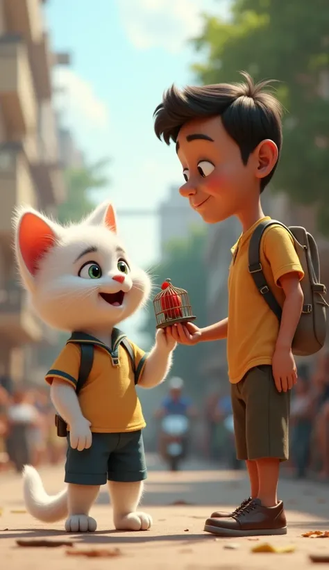 3D Scene Prompt:

"A 3D-rendered scene of Chintu, a small anthropomorphic white kitten wearing a school uniform (shorts and a T-shirt), standing on a city street during the daytime. He is handing money to a man who previously owned a small cage containing ...