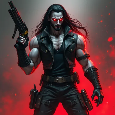 Lobo male character, muscled, chalk-white skin, red eyes without pupils, blackened eyelids, blackened mounth, long black hair, sleeveless jacket, biker boots, skull leg pads, fingerless gloves rendered in an modern Warrior's Clash, with futuristic gun and ...