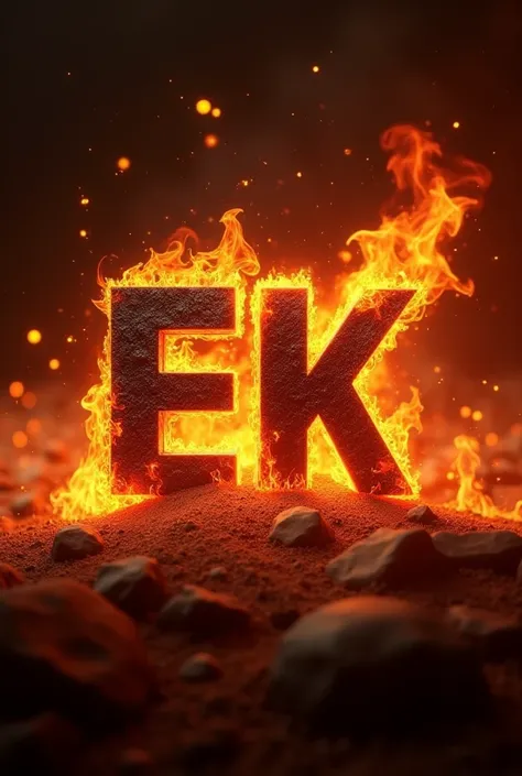 Create a beautiful and fiery picture of a team called EK where the name EK is placed in half of the picture in a big and realistic way