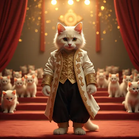  a cream-colored cat with broken ears dressed as a male actor in the Takarazuka Revue。Wearing a gorgeous costume, 、 gracefully stands on the grand staircase of the stage 。 a prince-like cool costume of black trousers stands out against the gorgeous and gli...