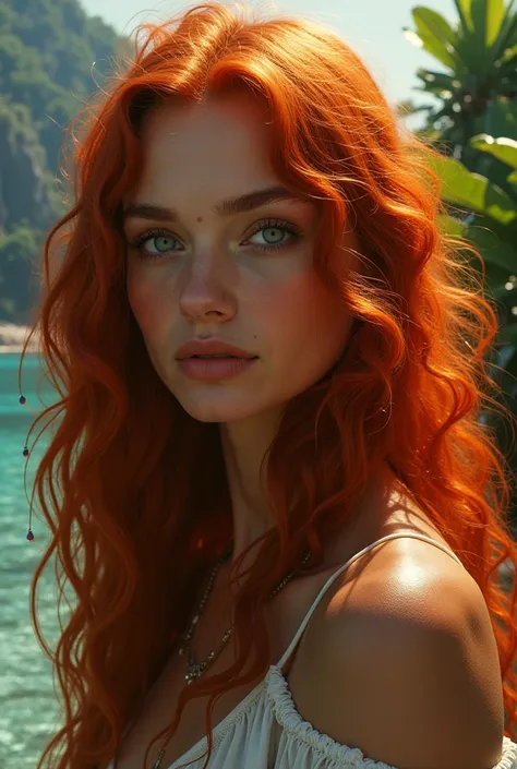 An island woman with long curly red hair