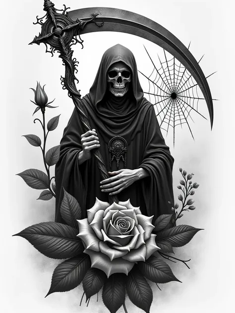 A highly detailed, realistic black and grey tattoo design featuring the Tarot card Death (XIII) without a skull, focusing on the figure of Death holding a scythe. The scythe should be intricate and finely detailed, symbolizing the theme of transformation a...