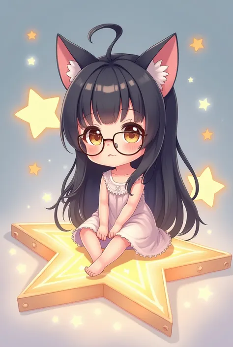 Create a chibi-style image of a girl with black hair and medium length, wearing cat ears, brown eyes,  wears lenses, with medium size breasts , medium build wearing pastel-colored clothes and sitting on a star