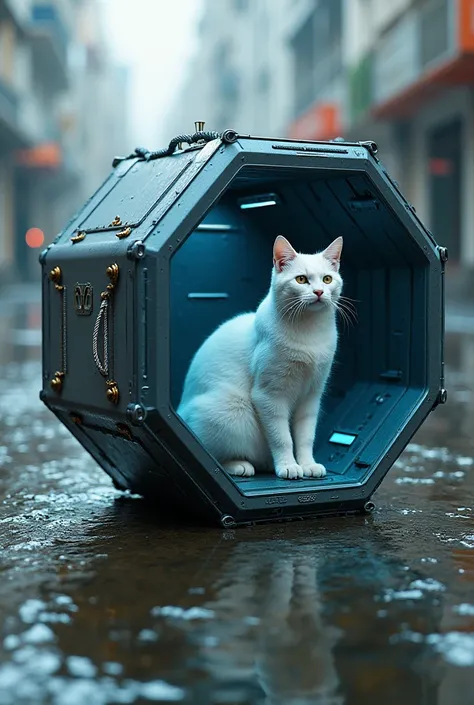 A hexagon shaped Flood-safe cat cage with unique features like hidden rope and flood proof material and futuristic looking 