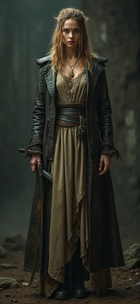 a woman in a long dress holding a sword, tumblr, tattered leather coat, Thea Sofie Loch Ness, Skade from The Last Kingdom, set photo in costume, look at camera, full body, black boots