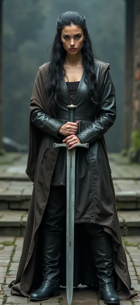 a woman in a dress holding a sword, tumblr, tattered leather coat, Thea Sofie Loch Ness, Skade from The Last Kingdom, set photo in costume, look at camera, full body, black boots