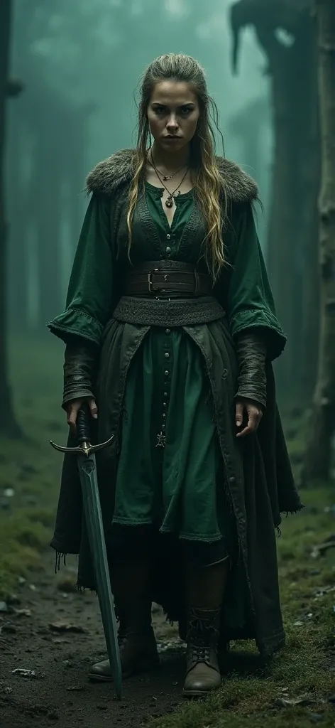 a viking woman in a dirty dark green dress holding a dagger, tumblr, tattered leather coat, Thea Sofie Loch Ness, Skade from The Last Kingdom, set photo in costume, look at camera, full body, black boots