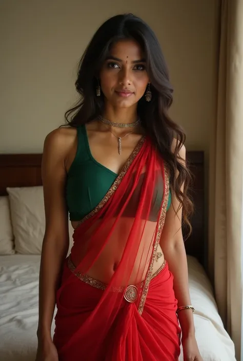 Realistic photo of Indian busty female aged 26 with average sized body and brownish skin tone.Realistic Showing huge breast in bedroom and showing her navel. Full size photo. Wearing see through red saree and blouse green. A ultra thin necklace and waist c...