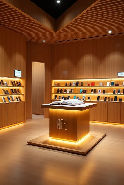  design, smart phone store, with a brand "AMT" With a wooden background, bright golden lighting, a book bearing the name"Sami  "