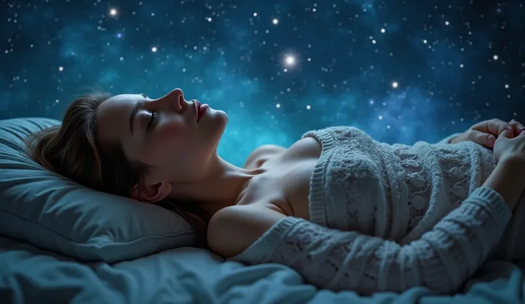 Creates a peaceful image of a sleeping woman, with background of the galaxy 