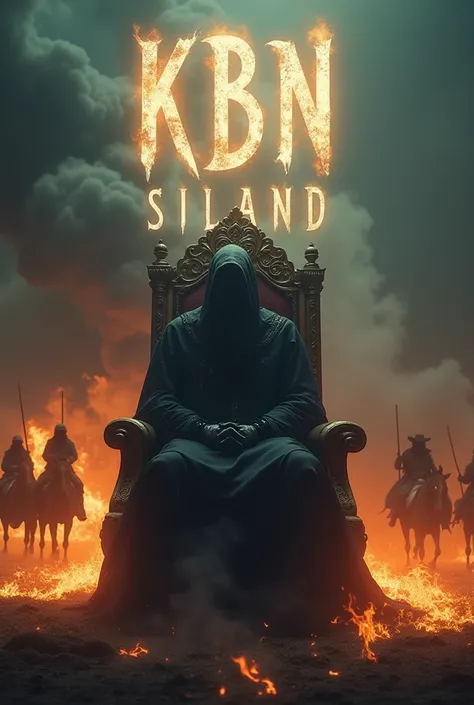 The name KBN SILAND with a mysterious character sitting on a royal chair and a realistic fire with a background of fire, fog and smoke with people riding on a horse 