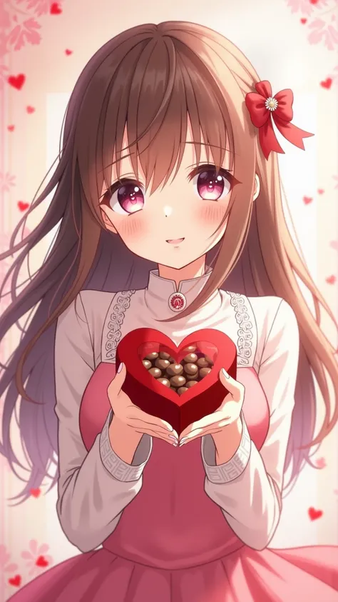   Anime girl image  ,  valentine's day theme ,  she is handing a box of chocolates to the audience  ,   The box is in the shape of a heart 、 and you can see that there is chocolate inside 