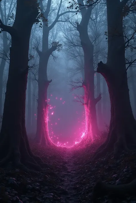 

(In the dark misty forest, there are Burning trees(flame color: magenta) with leaves swirling around it while others flying somewhere else