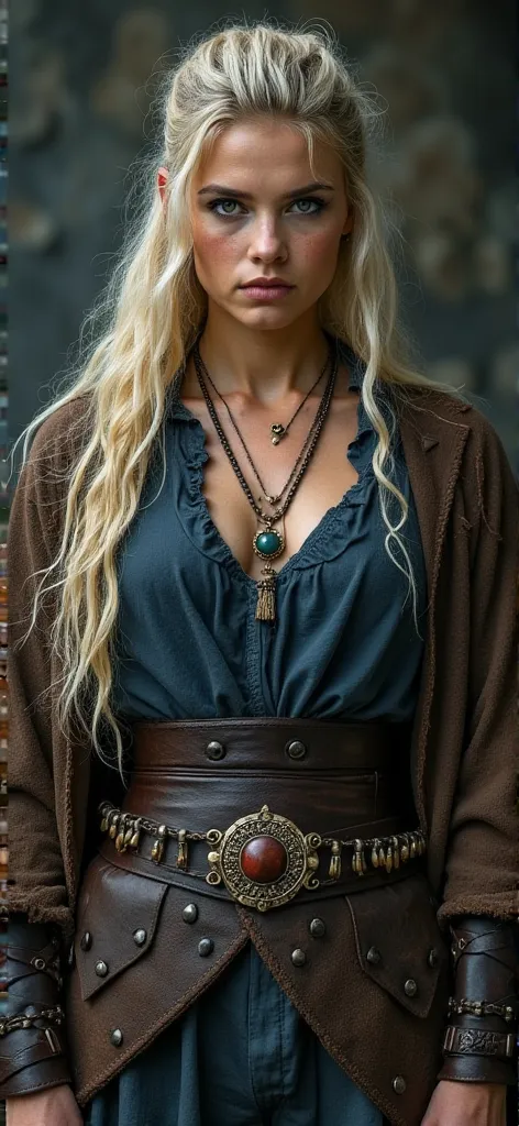 a viking woman in a dirty dark blue blouse holding a short dagger, dirty blonde hair with cascading locks, tumblr, tattered leather coat, medieval Viking belt, wolf fangs chained to the belt, Viking necklace, red stone ring, moon pendant on the neck, body ...