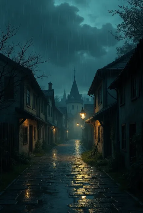 A Dark, Rainy Night in the Village

Setting: A quiet, deserted village street at night. Dark, heavy clouds hang low as a gentle rain falls, creating small puddles on the worn-out cobblestone road.