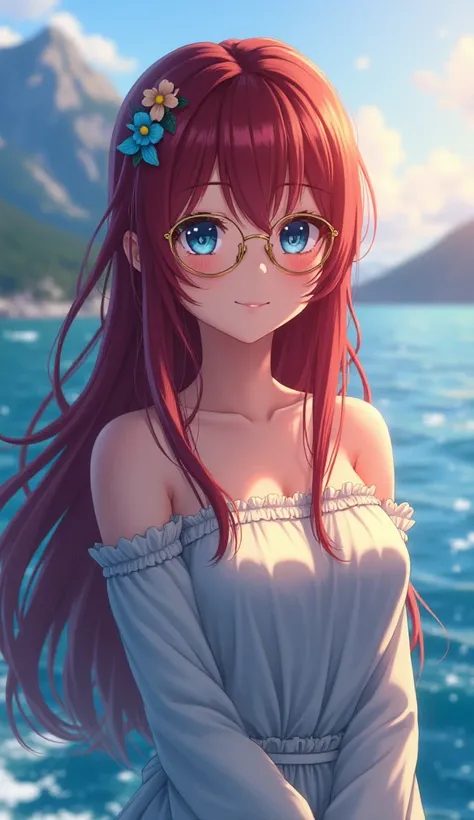  1 Girl , Long hair,  redhead,  chest ,  looking at the audience,  high resolution, smile,  black hair,  hair accessories, Long hairมาก,  is anatomically correct.,  chest ใหญ่,  private view, Heart-shaped glasses,  flickering light , Bokeh,  depth of field...