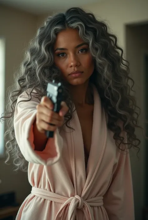 A beautiful youthful looking Filipino version of Ariana Grande as a 50 years old woman with long curly completely gray hair as the superhero Daisy Johnson from Agents of S.H.I.E.L.D wearing a bathrobe hold a gun in her hands pointing a gun at another woman...