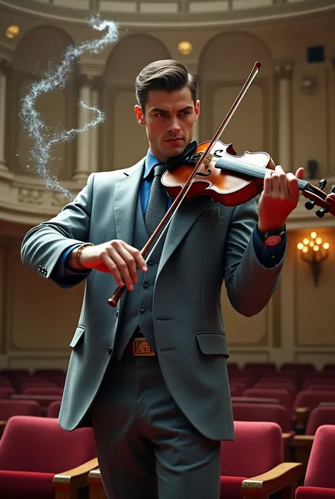 Handsome man dressed in an elegant gray suit wearing a blue shirt and gray tie playing a violin and using wind magic